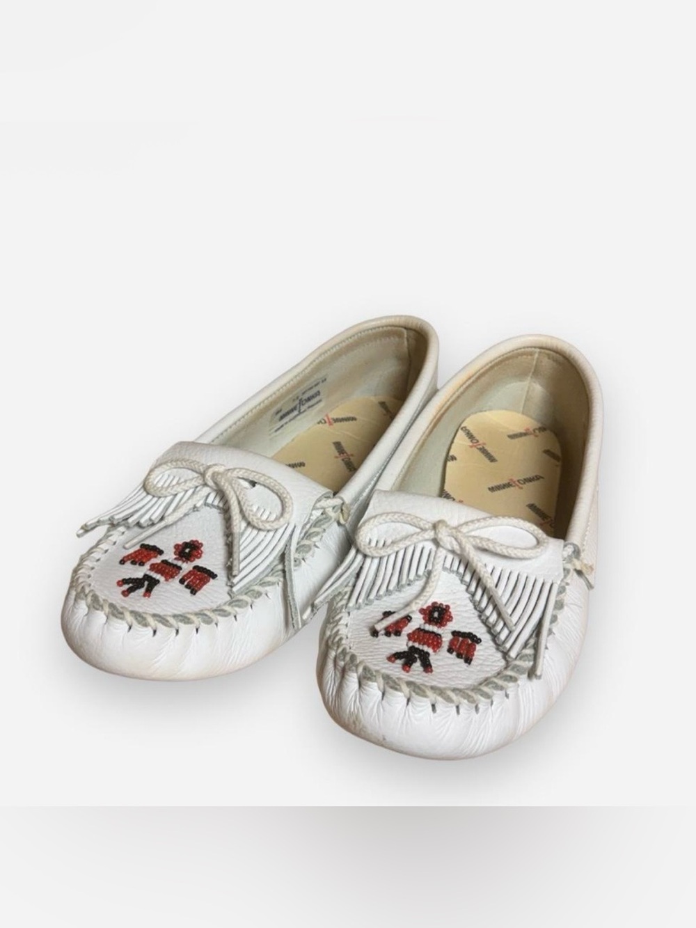 Vintage Minnetonka White Moccasin with Red and Black Beaded Thunderbirds